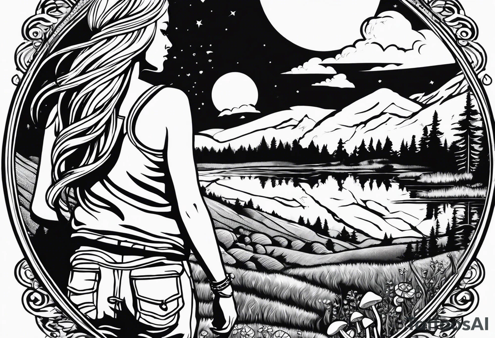 Whole picture encircled fully

Straight long blonde hair hippie girl in distance holding mushrooms in hand facing away toward mountains and creek surrounded by mushrooms long sleeve shirt and hiking pants; whole rendering within a full circle, no cut off circle tattoo idea