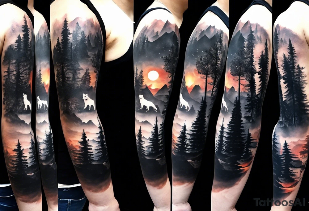 Full sleeve tattoo in black and white colore. The design should include space, stars, forest, sunset, mountains, cliffs, waterfall, water, ocean, wild animals (bear, wolves, elephant), and inserts of triangles and geometric figures. I have two children – a son, Sergei (the eldest), and a daughter, Anna, who live with me and my wife. But I also have another daughter, Marianna, whom I haven't seen for a long time and eagerly await to meet. The tattoo should symbolize love and protection for my children and family, the desire to secure their future, and confidence in tomorrow. It should reflect the notion of not looking back, but always moving forward and achieving goals! tattoo idea