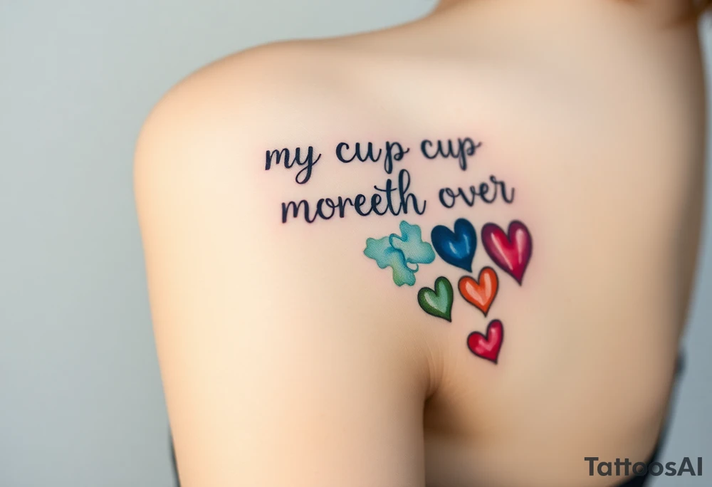 A representation of "my cup runneth over" with love on the shoulder cap with hearts cascading down the bicep tattoo idea