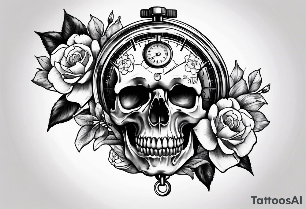Stopwatch skull and cherry bloom tattoo idea