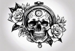 Stopwatch skull and cherry bloom tattoo idea