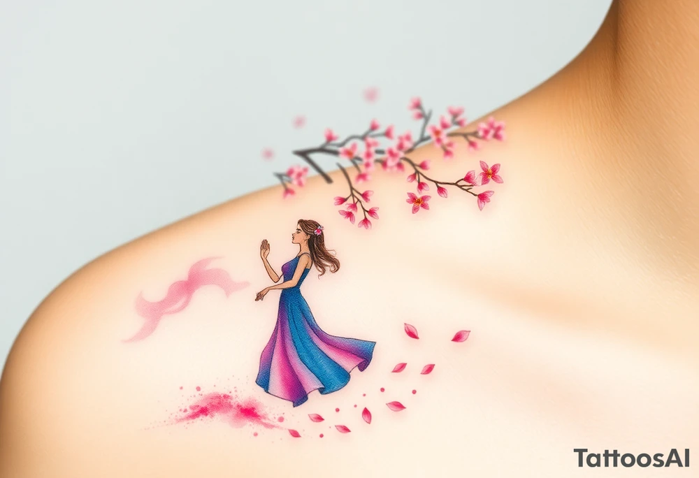 A watercolor-style couple dancing under a soft pink cherry blossom tree, with delicate petals falling around them tattoo idea