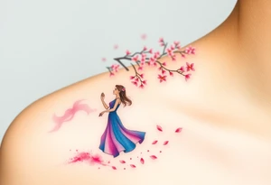A watercolor-style couple dancing under a soft pink cherry blossom tree, with delicate petals falling around them tattoo idea