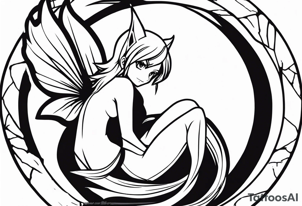 A fairy with a tail inspired by the logo of the anime show called Fairy Tail in a fetal position leaning in tattoo idea