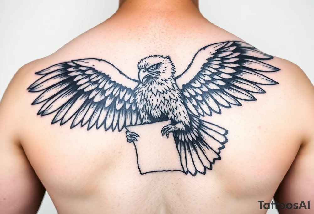 eagle in tribal tattoo look on shoulder, chest and arm which holds a piece of Paper in ita claws tattoo idea