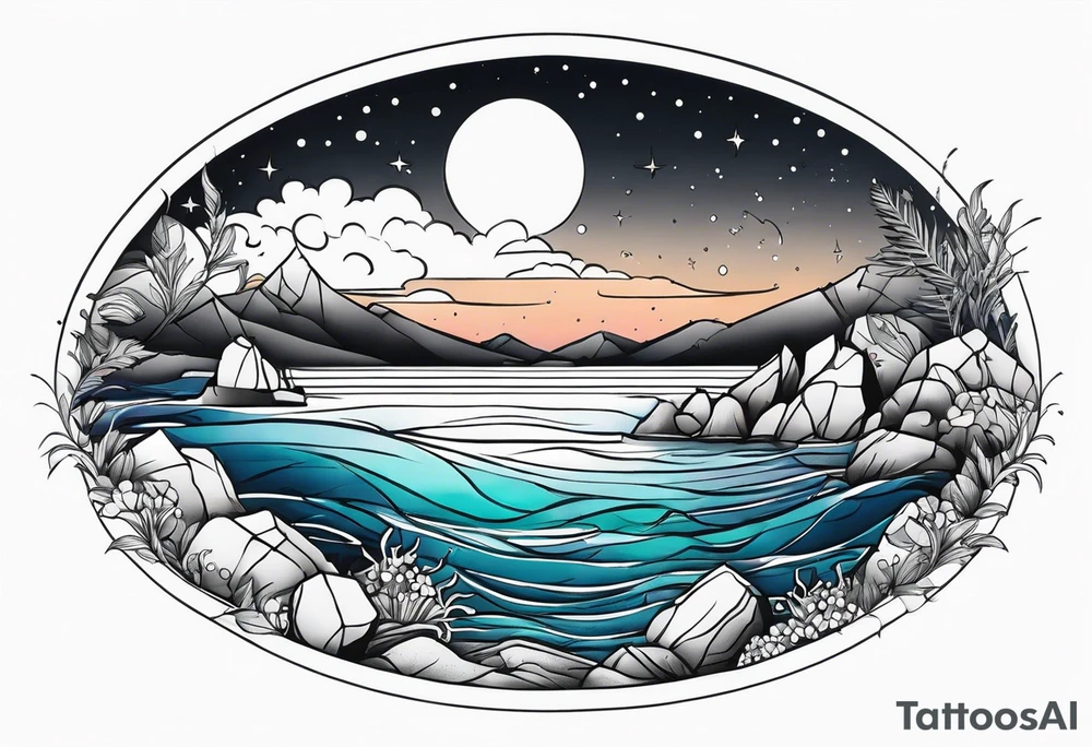 Ocean and rocks at night tattoo idea