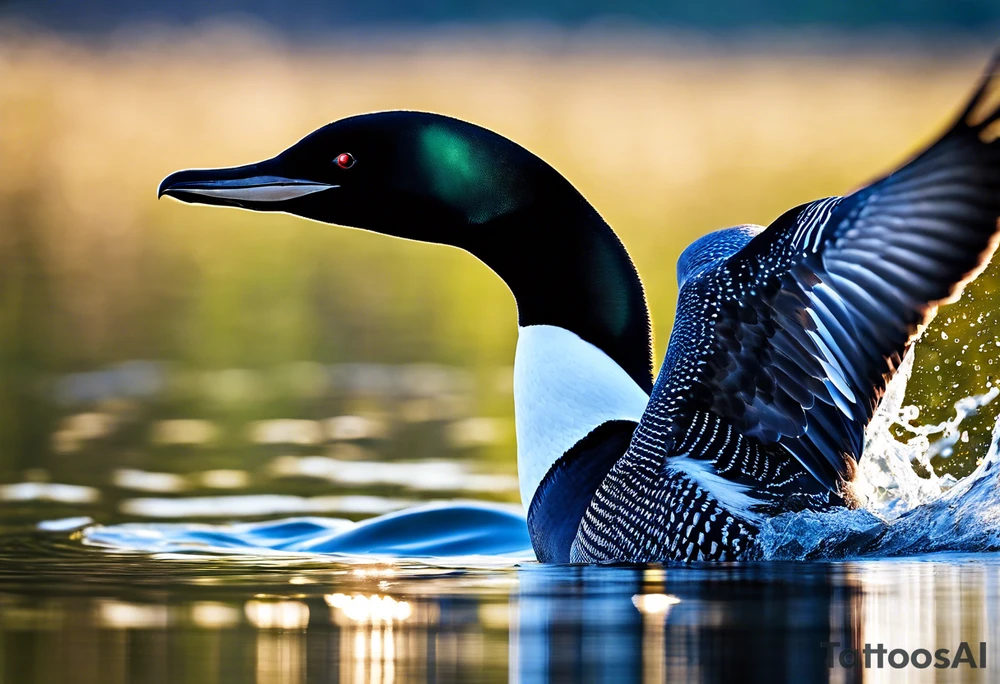 A North American common loon looking majestic as it spreads its wings in the water. On the mid-upper thigh. Don’t have a background. Make sure it is just the loon. The image should be face directly at the loon’s chest. The image should be tall and narrow tattoo idea
