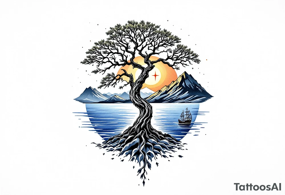 tattoo that has an acacia tree with mountains, ocean with a ship wreck and the northern star tattoo idea