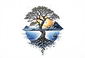 tattoo that has an acacia tree with mountains, ocean with a ship wreck and the northern star tattoo idea