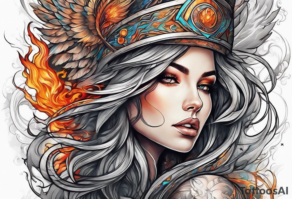 Resurrection strength and courage Beautiful Woman walking through fire and chaos to inner peace and self-love  ethereal tattoo idea