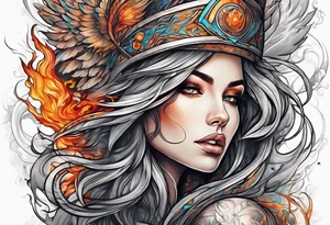 Resurrection strength and courage Beautiful Woman walking through fire and chaos to inner peace and self-love  ethereal tattoo idea