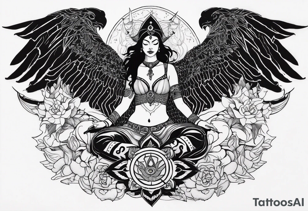 black kali, goddess pirate, alien, angel, pachamama, valkrye, warrior, flying, skull, lotus azul, wing, eagle, zenza resonance, stars, 5D, anahata chakra, death, durga, riding on a tiger, flying lady, chest tatoo tattoo idea