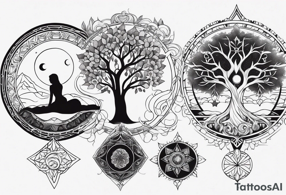 spiritual feminine tattoo for sleeve without faces, just sun and moon, tree of life and powerful symbols 24 feet tall by 4 inches wide tattoo idea