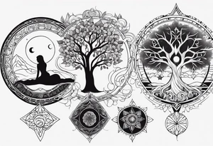 spiritual feminine tattoo for sleeve without faces, just sun and moon, tree of life and powerful symbols 24 feet tall by 4 inches wide tattoo idea