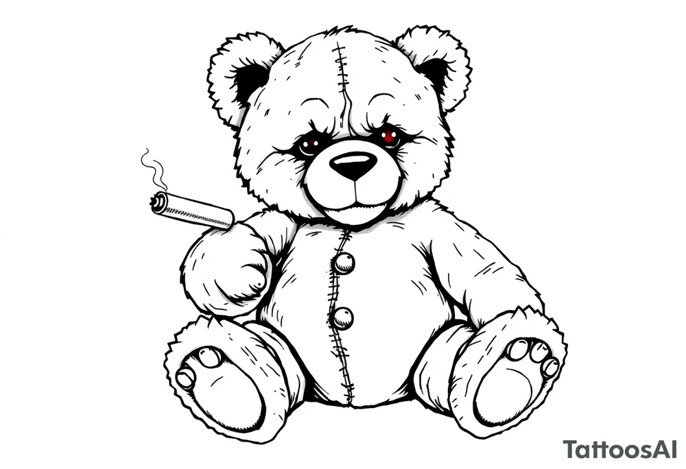 A black and white realistic tattoo design of a rebellious teddy bear. The bear looks worn out, with visible stitches, a torn ear, and a button eye. Some stuffing is peeking through its seams. It sits in a relaxed but tough pose, holding a smoking cigar in one paw. The bear has a smug yet tired expression, showing that it has been through a lot. Its eyes glow red as a minimal color accent. The style is detailed, dark, and edgy, perfect for a tattoo. tattoo idea