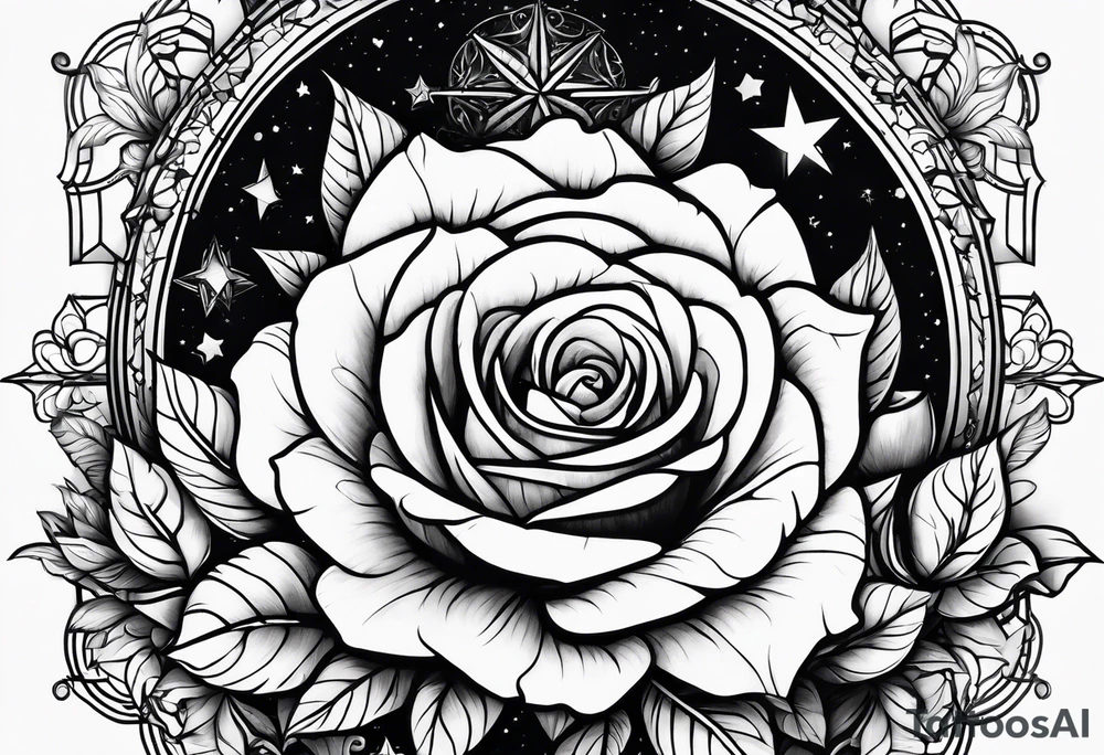 Tesseract with a field of roses and stars around it tattoo idea