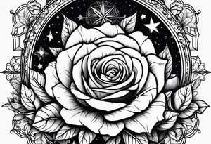 Tesseract with a field of roses and stars around it tattoo idea