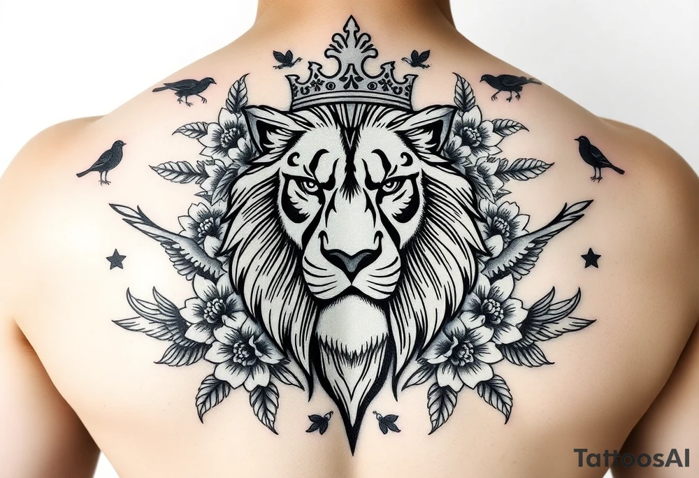 powerful majestic lion with a crown, surrounded by floral ornaments and birds tattoo idea