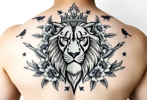 powerful majestic lion with a crown, surrounded by floral ornaments and birds tattoo idea