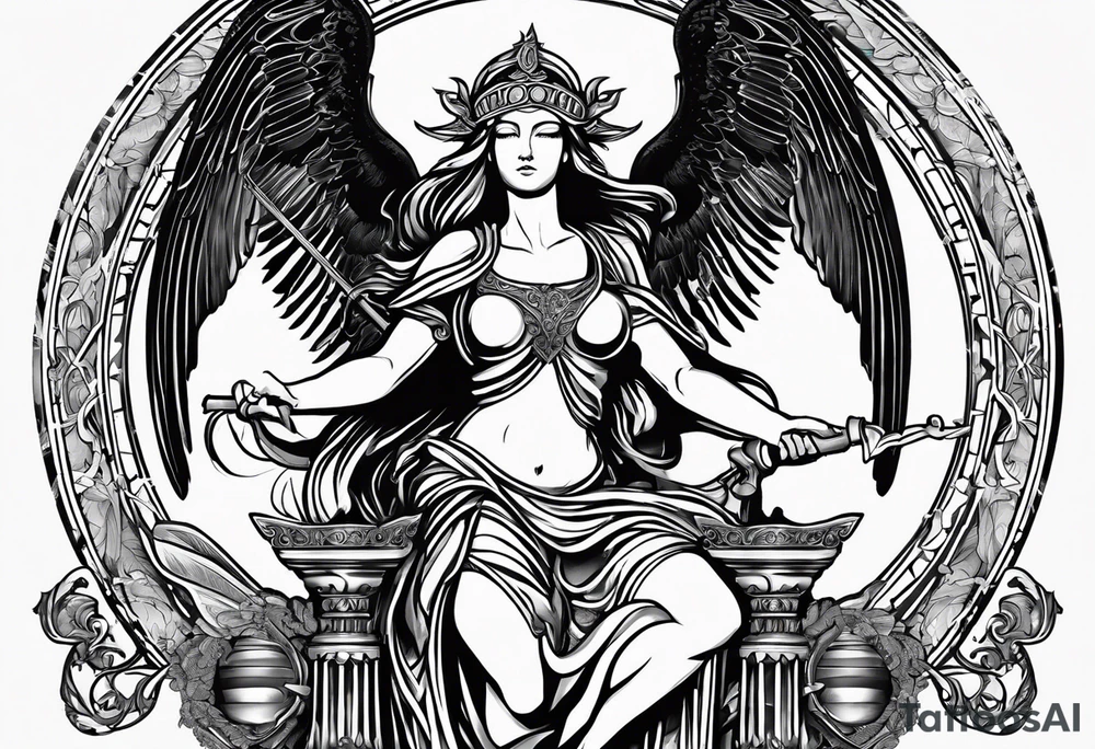 Imagine goddess Justitia with two wings, one angelic, one raven-like. She holds a scale. There is a banderole wrapped around her body with the expression „MEMENTO VIVERE“ on it. tattoo idea