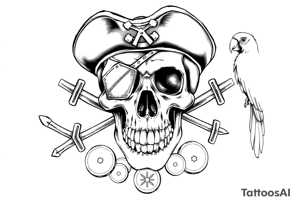 skull with eye-patch,pirate-hat,sabers,parrot,coins. tattoo idea