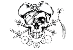 skull with eye-patch,pirate-hat,sabers,parrot,coins. tattoo idea