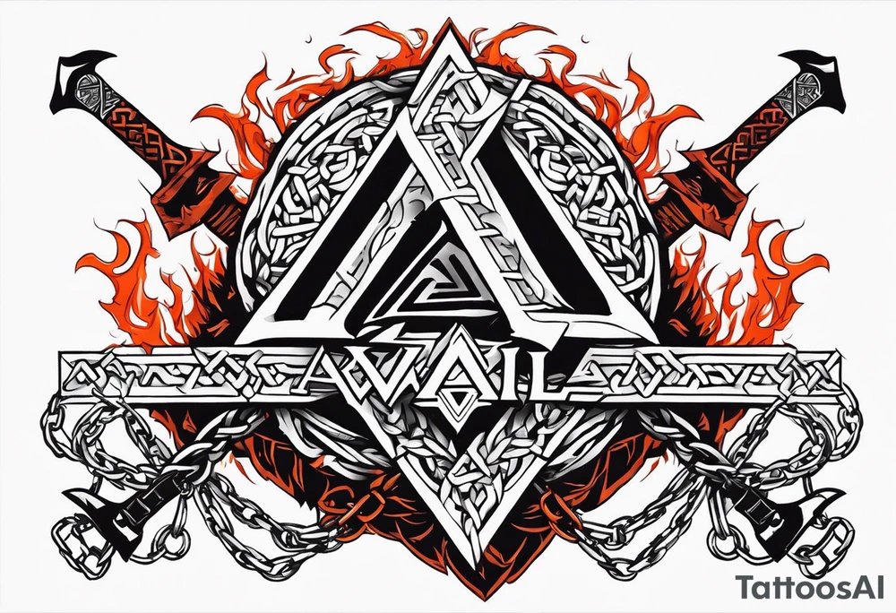 Valhalla sword shield axe barbed wire chains valknut fire tattoo idea Valhalla sword shield axe barbed wire chains valknut fire tattoo idea