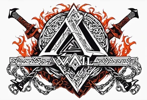 Valhalla sword shield axe barbed wire chains valknut fire tattoo idea