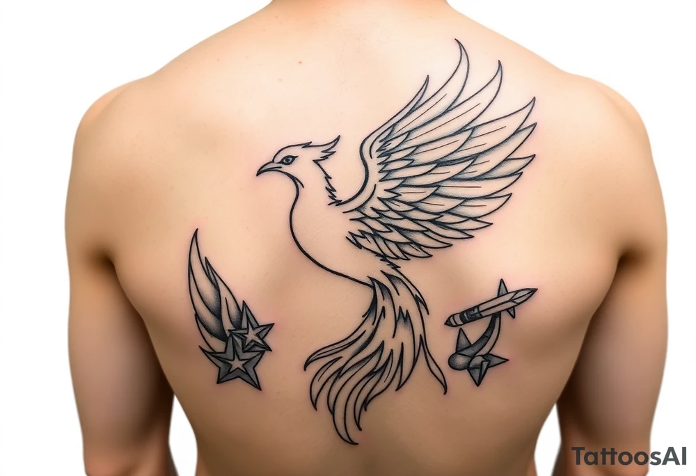 Phoenix rising from flames, surrounded by ninja stars and ballistic missiles, semicolon integrated into the design, fine line black ink, minimalist but dramatic”

The semicolon tucked into the phoenix wing or tail would be chef’s kiss — subtle but loaded with meaning for anyone who knows. tattoo idea