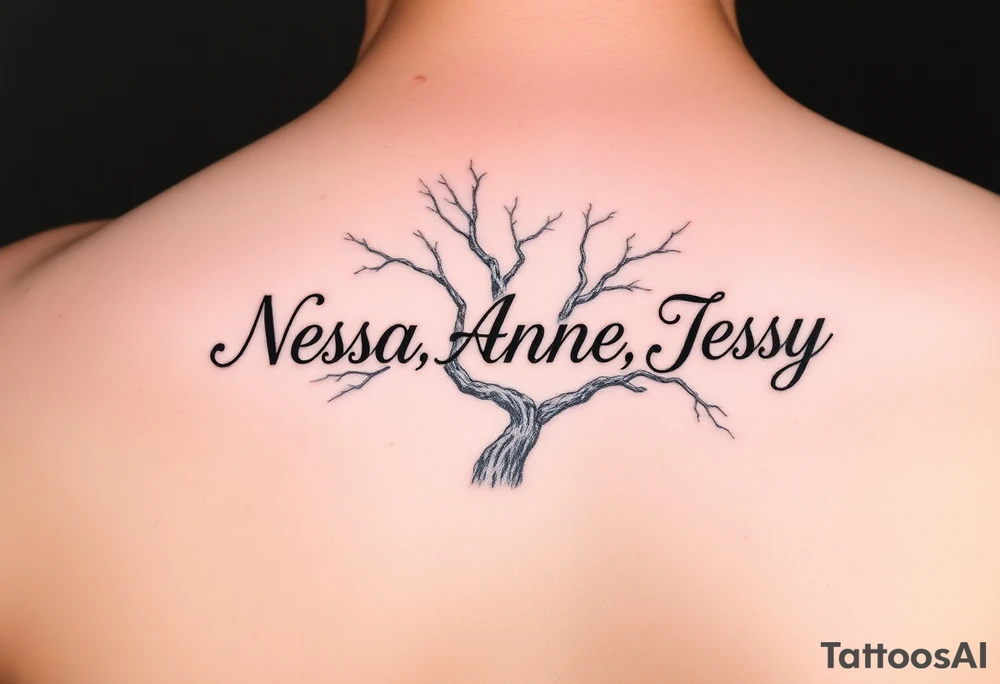 the name Nessa, Anne, Jessy
 on a live tree tattoo idea