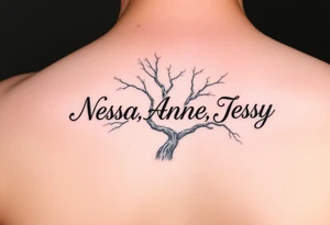 the name Nessa, Anne, Jessy
 on a live tree tattoo idea