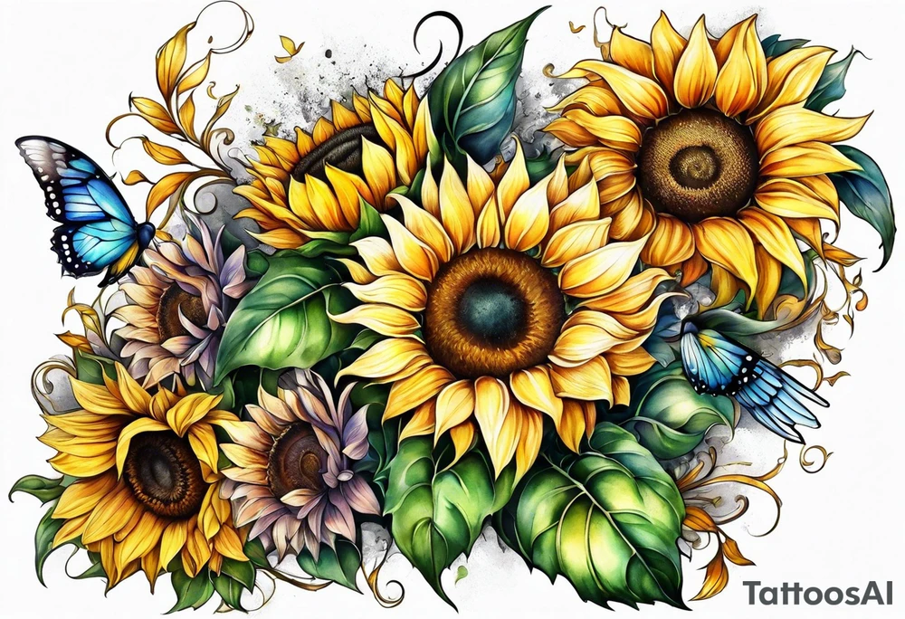 Sunflowers and angel wings leg sleeve tattoo idea