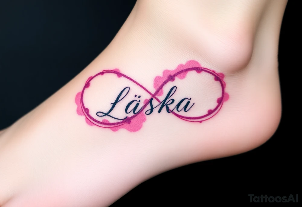 A watercolor infinity design in pastel pink and purple hues, with "Láska" softly blending into the curves, creating a dreamy effect tattoo idea