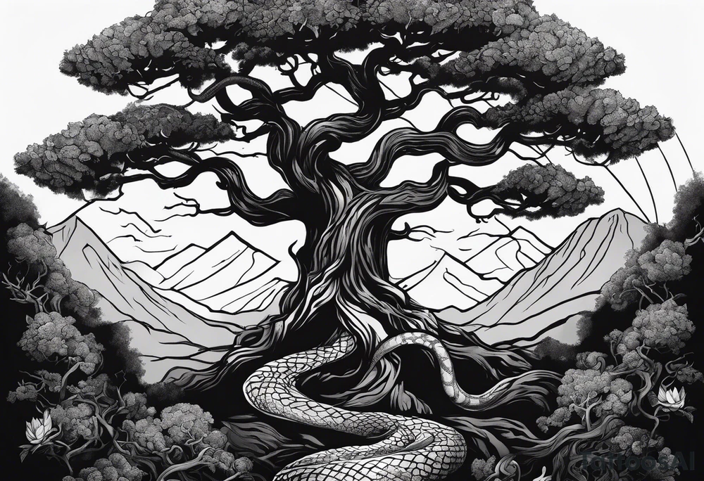 A tree reaching the sky with the roots reaching hell, having a snake around it. All based on Carl Jung ideas. tattoo idea
