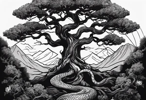 A tree reaching the sky with the roots reaching hell, having a snake around it. All based on Carl Jung ideas. tattoo idea