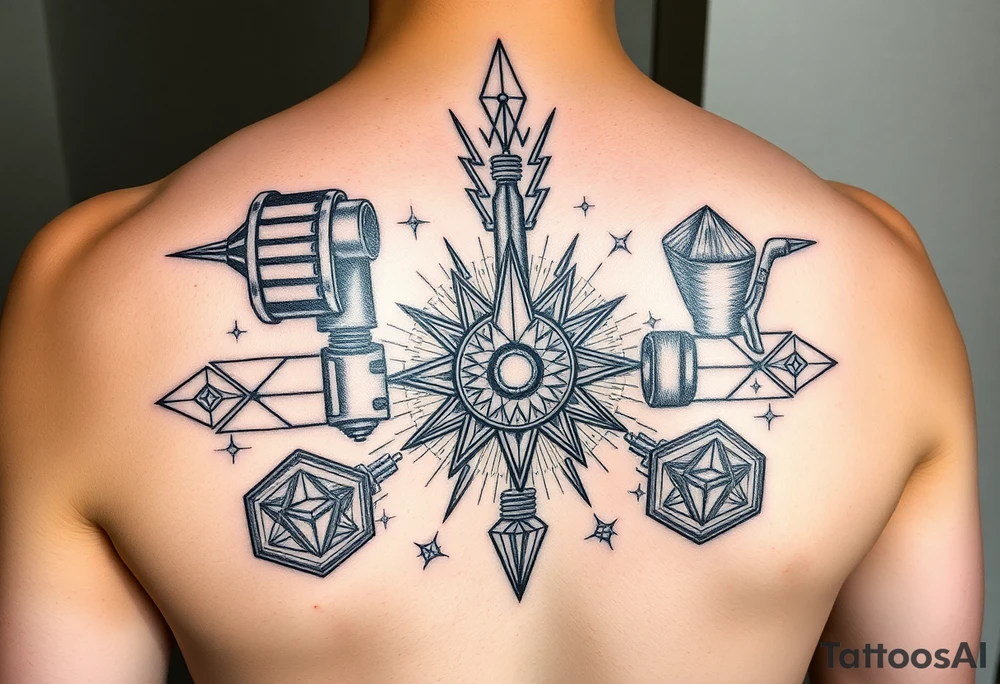 Geometric industrial design, central piston actively compressing carbon into diamond crystal, fuel injection creating controlled explosion patterns, geometric sacred patterns forming from the pressure waves, alchemical transformation symbols worked into the mechanical framework, active motion suggested through line work, upper arm placement, black work with detailed shading tattoo idea