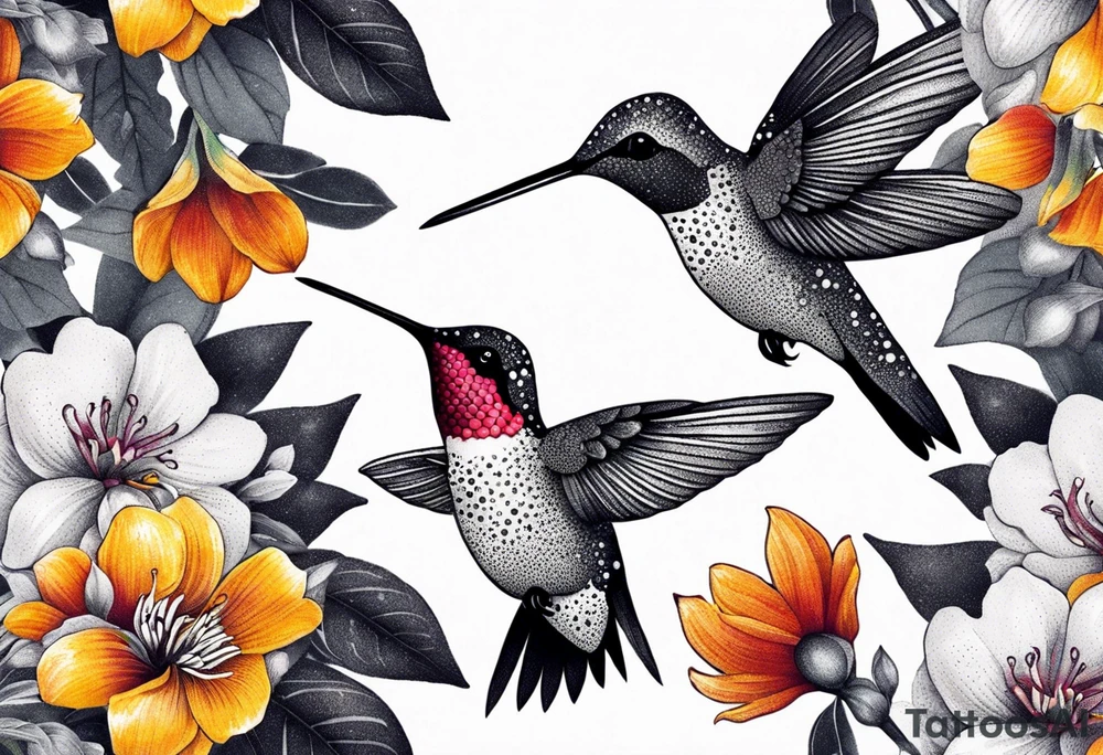 botanical, flowers, colorful, different, hummingbird tattoo idea