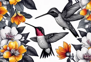botanical, flowers, colorful, different, hummingbird tattoo idea