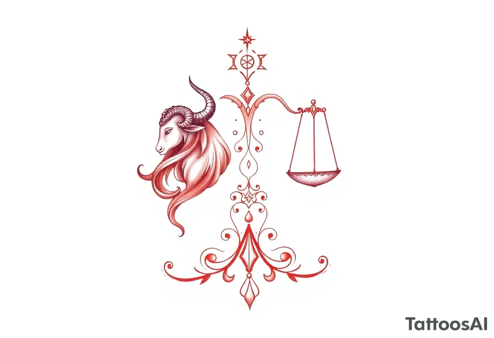 Tattoo that combines the star sign Taurus and Libra ,in red , down the spine tattoo idea
