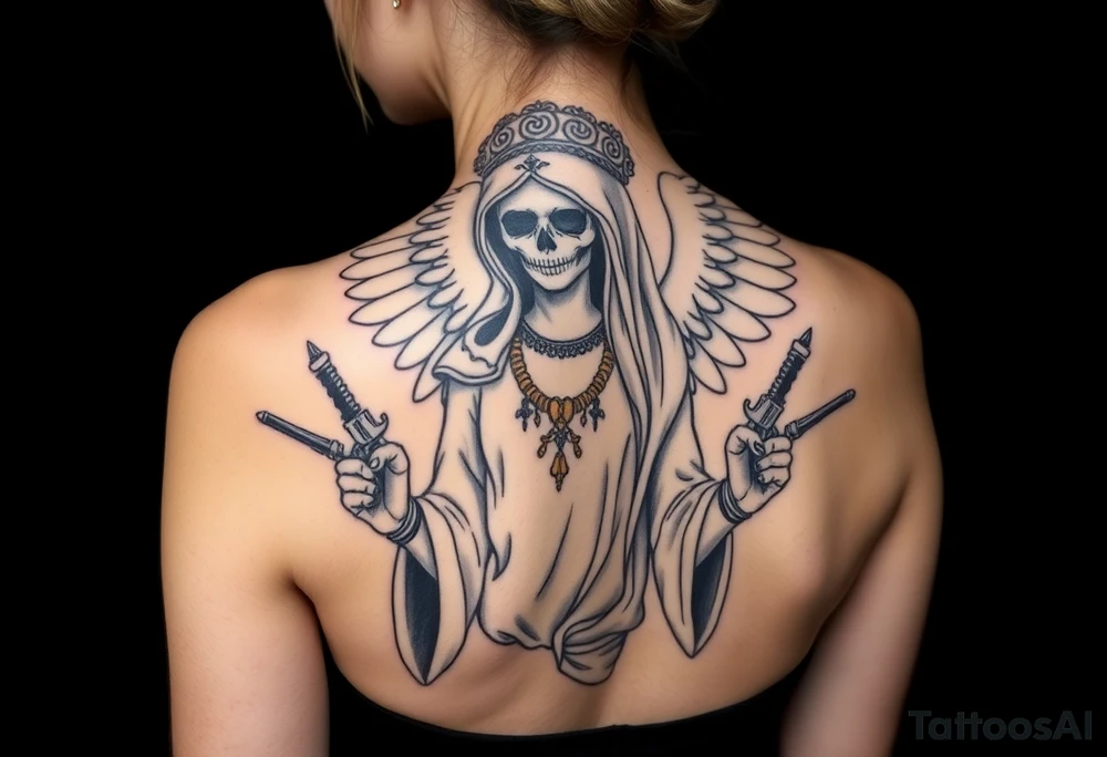 old angel statue (Santa Muerte style) criminal style tattooed and at the same time contemporary, weapons in hand, gangster-style gold necklaces tattoo idea