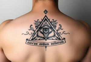 Pyramid with eye in the center, diamond on the top,surrounded by words - novus ordum seclorum tattoo idea