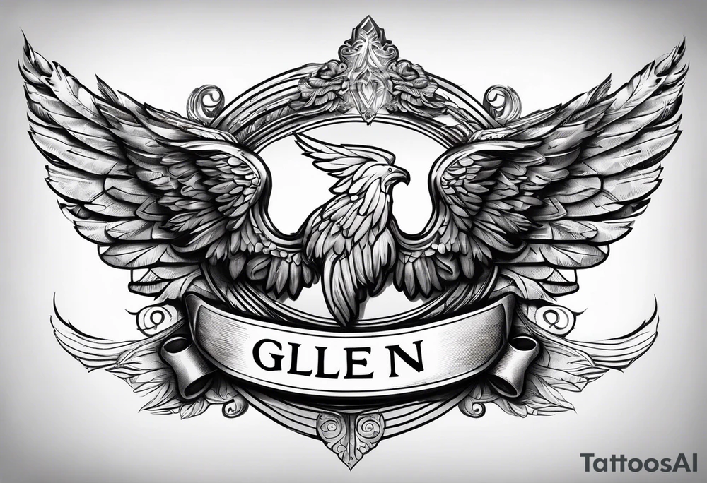 The word Glenn on a banner with angel Wings tattoo idea