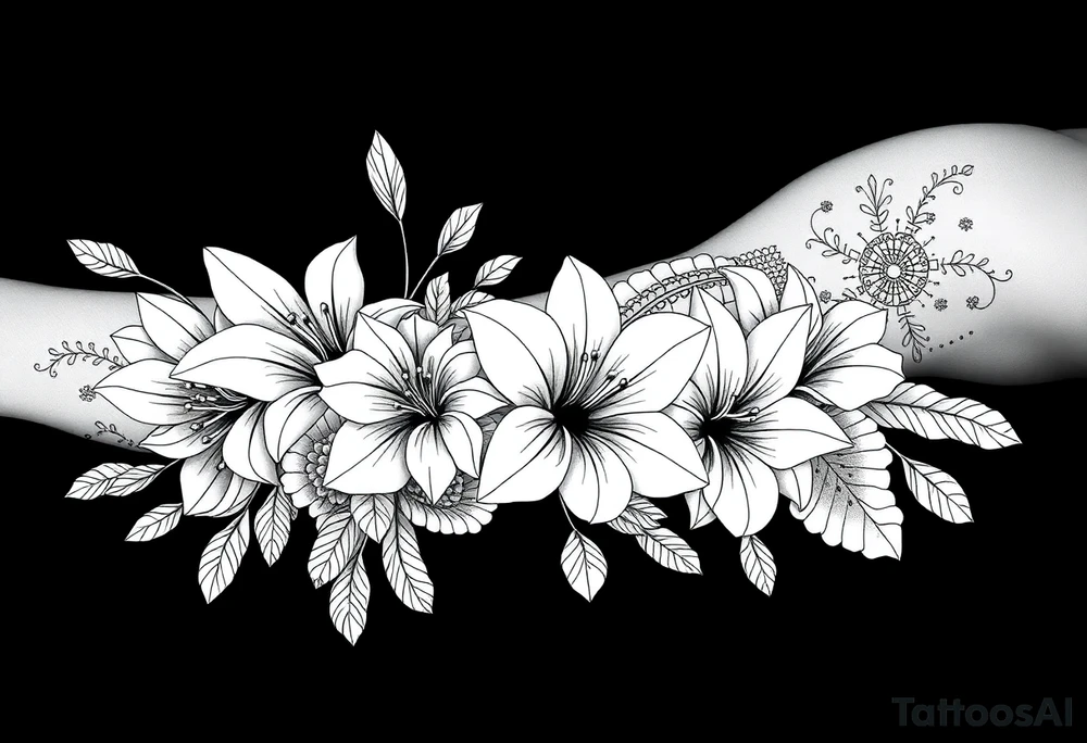 floral composition for sleeve of lycoris flowers with japanese vibe, mutiple ornemental patern and leaf, dot geometric ornement, tattoo idea