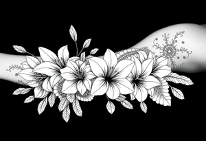 floral composition for sleeve of lycoris flowers with japanese vibe, mutiple ornemental patern and leaf, dot geometric ornement, tattoo idea