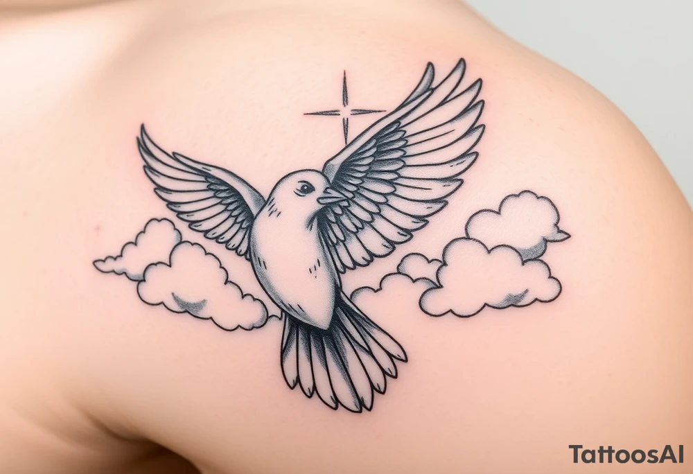 Dove and a blue jay, clouds, shining light to or from heaven tattoo idea