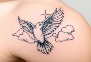 Dove and a blue jay, clouds, shining light to or from heaven tattoo idea