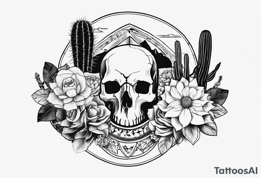 womens western sticker tattoo arm sleeve with playing cards, bullskull, snakes, and cactuses with flowers in the background tattoo idea