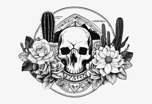 womens western sticker tattoo arm sleeve with playing cards, bullskull, snakes, and cactuses with flowers in the background tattoo idea