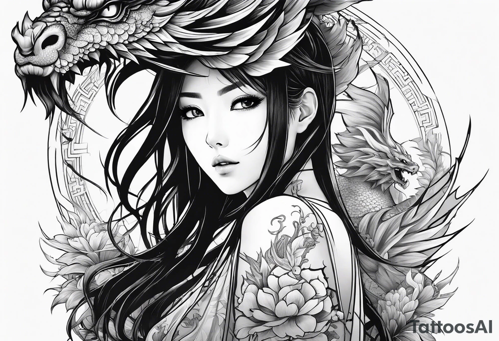 a full shot of an anime girl seen from far, surrounded by asian dragon with wings tattoo idea