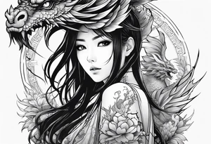 a full shot of an anime girl seen from far, surrounded by asian dragon with wings tattoo idea